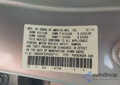 2015 Honda Accord Sport from USA, damaged, VIN 1HGCR2F55FA087111